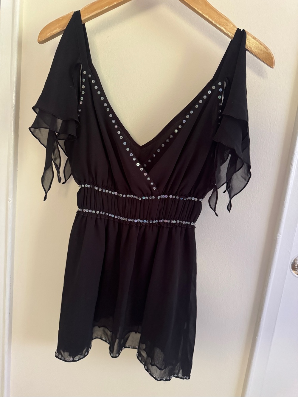 Bisou Bisou Michele Bohbot Black Chiffon Sequin V-Neck blouse top size small
